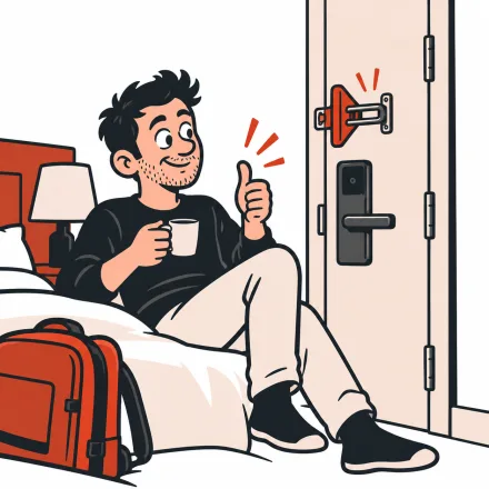Cartoon traveler fitting a portable travel lock on the inside of a hotel room door