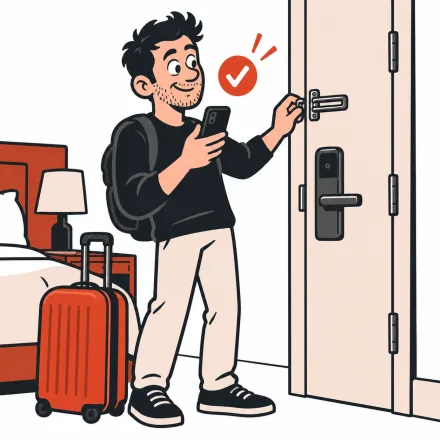 Cartoon traveler doing a quick hotel room safety check on arrival